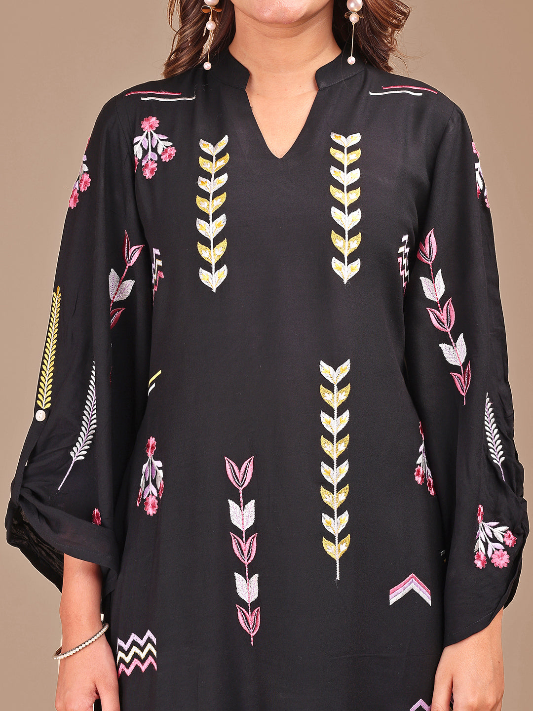 Black Multi Stylized Rayon Embroidered Co-ord Set